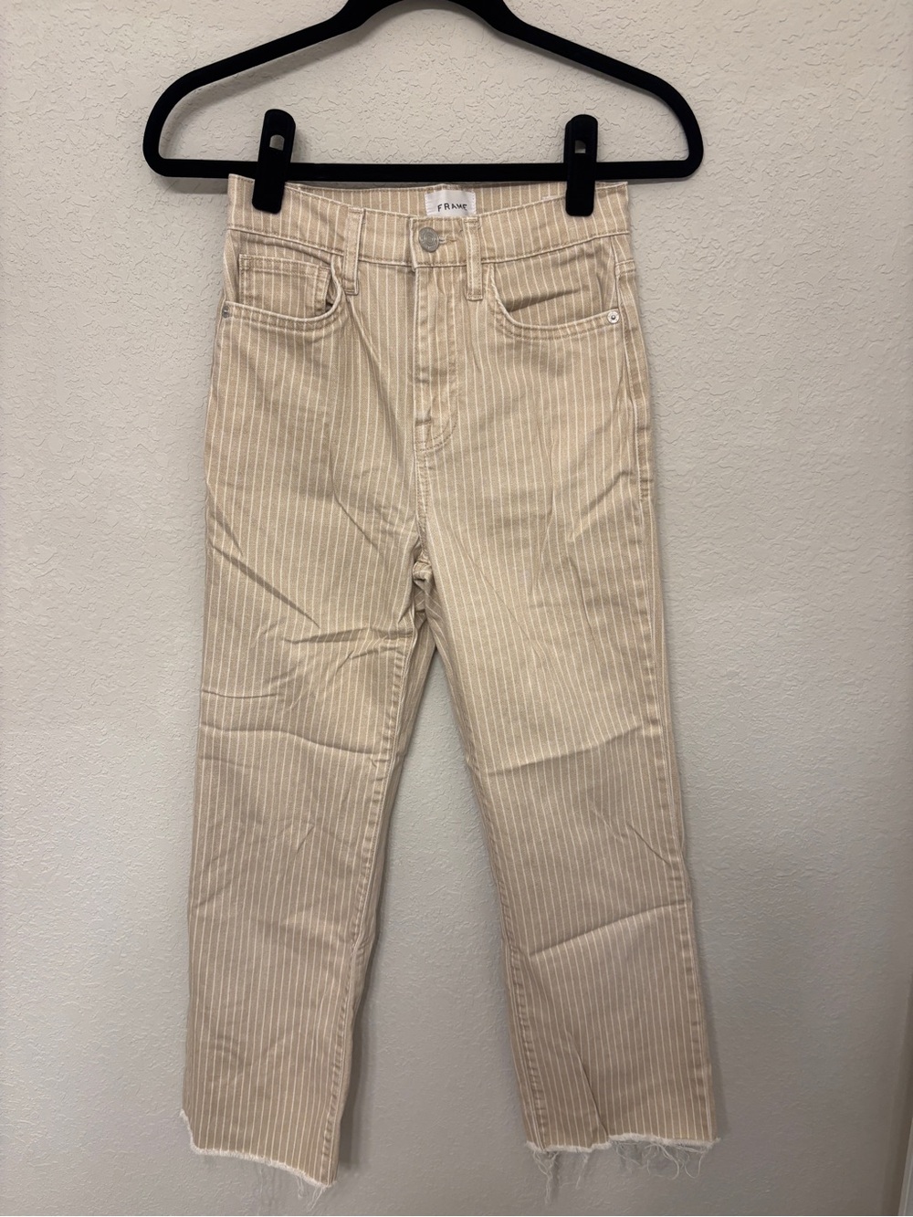 Frame Le Jane Crop Denim Beige Pinstripe Jeans